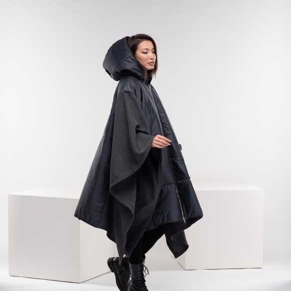 Maxi Puffer Jacket, Cyberpunk Asymmetrical Jacket, Plus Size Winter Poncho, Quil - Picture 2 of 4